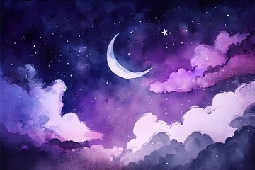 Wall Mural - sky with stars and moon, watercolor with generative ai