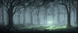 Terrifying surreal forest. unreal world. Mysterious Forest, Danger, Fear, Anxiety. Mysterious forest landscape with spooky trees silhouettes overgrown. A scene from a horror movie. autumn night