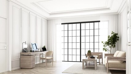 Poster - Slowly adjust the camera angle to the other side. working room with living area in modern classic style interior mock up with large window frame and sheer curtain on wooden floor 3d render animation
