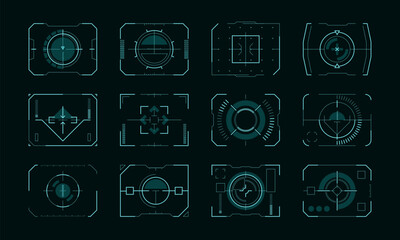 Poster - Target frame hud ui. Futuristic aim pointers with control panel borders, sci-fi screen display with aiming crosshairs for technology interface. Vector set. Device with cyber radars game