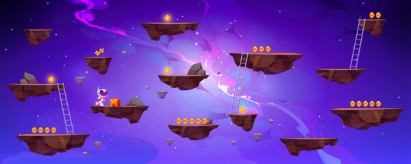 Wall Mural - Flying rock islands vector game space background landscape. Cartoon planet in galaxy for arcade videogame. 2d ui level map with floating platform with gold goin in fantasy universe. World asset design