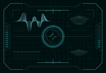 Poster - HUD futuristic screen. Sci-fi dashboard interface with target aim control on radar display, UI panel with pointer cursor hologram crosshair. Vector illustration. Analyzing surface, searching location