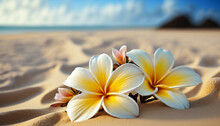 Plumeria Flowers On The Beach On The Sand. Selective Focus. Generative AI,