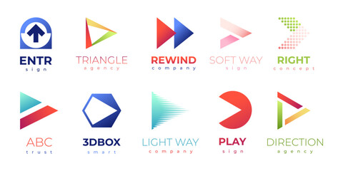 Poster - Forward logo sign. Abstract gradient arrows with text for logotype material design, creative play button symbol, renewable energy icon flat style. Vector collection. Colorful business emblems
