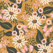 Pretty Hand Painted Bunch Of Flowers In A Color Palette Of Cream, Pink And Green Over Mustard Background. Great For Home Decor, Fabric, Wallpaper, Stationery, Design Projects.
