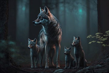 European Wolf and its cubs in a forest. Generative AI