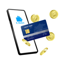 Mobile smartphone, credit card and wallet with money. Online payment, digital e-payment concept. Internet banking. File PNG 3D.