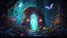 Magical Mushroom In Fantasy Enchanted Fairy Tale Forest With Lots Of Brightness And Lighting. Generative Ai.