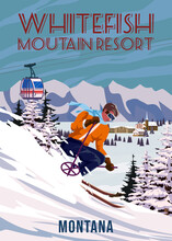 Travel Poster Ski Whitefish Resort Vintage. America Winter Landscape Travel Card