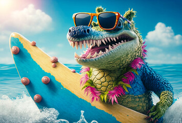 Funny crocodile in sunglasses  with a surfboard. Generative AI	