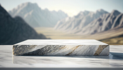 flat marble tabletop with mountain landscape background. generative ai image for product showcase mo