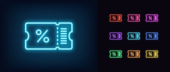 Wall Mural - Outline neon discount ticket icon set. Glowing neon ticket frame with percentage sign, discount coupon pictogram. Digital pass sale, benefit offer, special price for festival and 0.event.