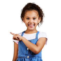 a cute little girl pointing sideways towards copyspace. happy and cute kid showing or endorsing comp