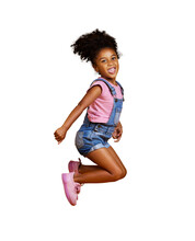 A Mixed Race Cute Little Girl  Jumping Into The Air With Her Hands Raised. Happy And Carefree Kid Hopping With Joy Isolated On A PNG Background.