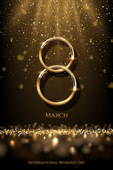 Wall Mural - international women's day greeting card template. vector golden number eight with text and confetti 