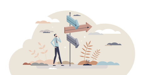 Advice for direction and business or personal solution guidance tiny person concept, transparent background. Assistance for destination choice and searching for self development path illustration.