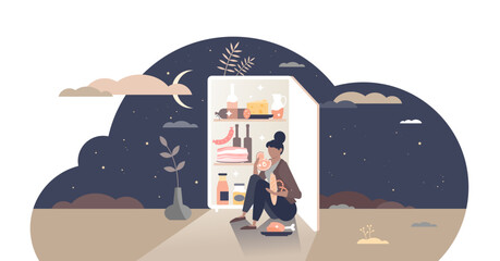 Wall Mural - Eating at night as unhealthy food hunger habit after midnight tiny person concept, transparent background. Mental problem and overeating addiction lifestyle illustration. Open fridge and female.