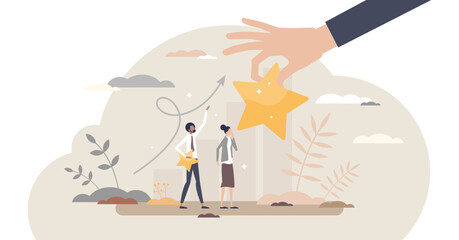 Encouragement with career raise and motivational reward tiny person concept, transparent background. Work development and boss appreciation with symbolic star as bonus or salary increase illustration.