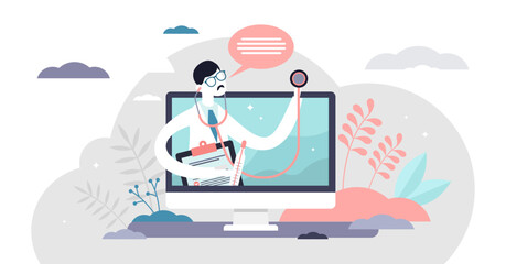 Wall Mural - Telemedicine illustration, transparent background. Health service flat tiny persons concept. Telehealth medical support from doctors using technology and online apps.