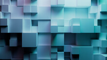 Neatly Constructed Multisized Cube Wall. Turquoise And Purple, Modern Tech Background. 3D Render.