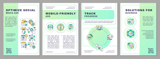 Optimize social media ads green gradient brochure template. SMM strategy. Leaflet design with linear icons. 4 vector layouts for presentation, annual reports. Arial, Myriad Pro-Regular fonts used