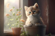 Kitten sits in a flower pot