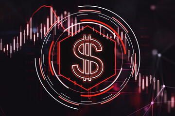 Aufkleber - Creative glowing dollar with downward red candlestick chart on dark background. Financial crisis and recession concept. 3D Rendering.