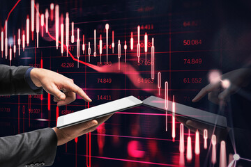 Poster - Close up of businessman hand pointing at cellphone with downward red candlestick chart on dark background. Financial crisis and recession concept. Double exposure.