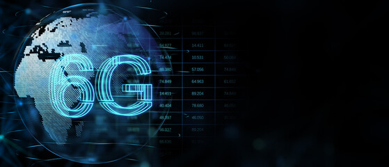 Poster - 6g symbol on digital world map background with computer software programming on dark background with blank space, global internet connection and new generation network concept. 3D rendering, mock up