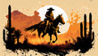 Cowboy riding horse at sunset. Vintage style, digital art, painting, Generative AI