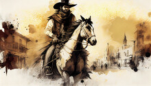 Cowboy Riding Horse In Wild West Town. Digital Art, Painting, Generative AI