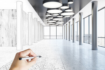 Poster - Modern hall in business center design project development with man hand drawing and metallic pillars on big windows background