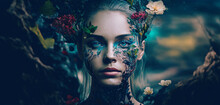 Conceptual Imaginative Portraits Evoking Different Moods, Emotions And Feelings. Surreal Woman With Natural Elements Over Her Face. Generative Ai