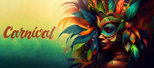 Wall Mural - Brazil Carnival Latin Woman Wear Bright Costume Traditional Rio Party Flat Bright Illustration with Place for Text. Banner, Flyer or Poster Template. Generative Ai.