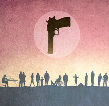 Illustration Of People Living Under Handgun Symbolizing Lack Of Gun Control