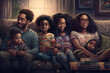 © Guy - A very big happy multi generational black family, african american, sitting together very close on a couch, in the lounge, watching a movie, portrait, close up, wide angle, happy and smiling, laughing