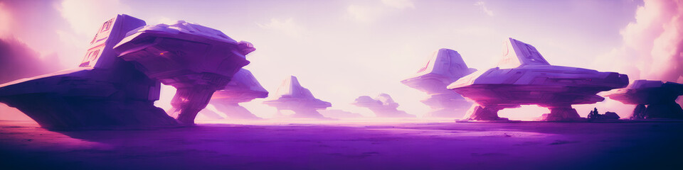 Wall Mural - Panoramic view of a planet featuring alien structures, sci-fi landscape.. Generative AI