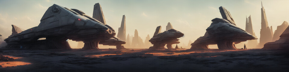 Wall Mural - Panoramic view of a planet featuring alien structures, sci-fi landscape.. Generative AI