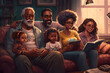 A very big happy multi generational black family, african american, sitting together very close on a couch, in the lounge, watching a movie, portrait, close up, wide angle, happy and smiling, laughing