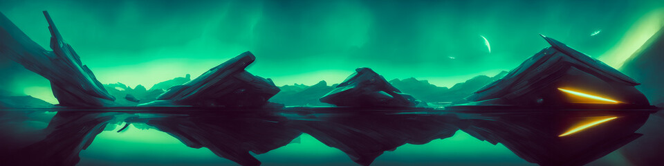 Wall Mural - Panoramic view of a planet featuring alien structures, sci-fi landscape.. Generative AI