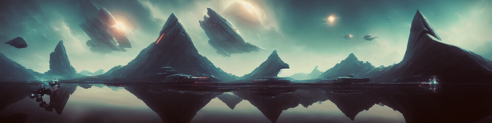 Wall Mural - Panoramic view of a planet featuring alien structures, sci-fi landscape.. Generative AI