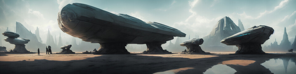 Wall Mural - Panoramic view of a planet featuring alien structures, sci-fi landscape.. Generative AI