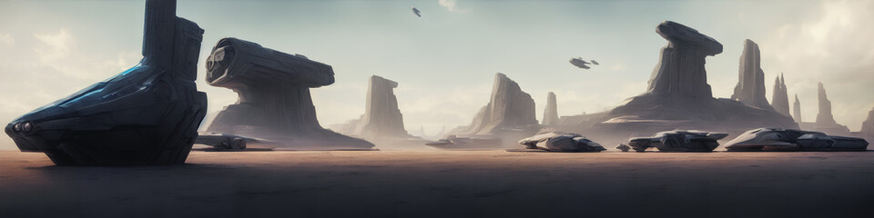 Wall Mural - Panoramic view of a planet featuring alien structures, sci-fi landscape.. Generative AI