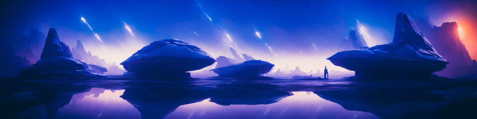 Wall Mural - Panoramic view of a planet featuring alien structures, sci-fi landscape.. Generative AI