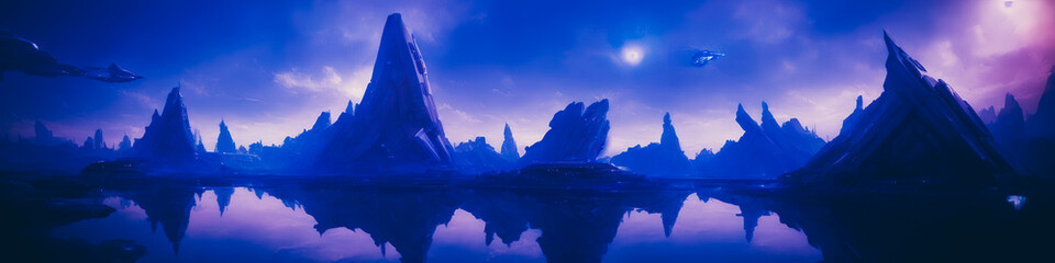 Wall Mural - Panoramic view of a planet featuring alien structures, sci-fi landscape.. Generative AI