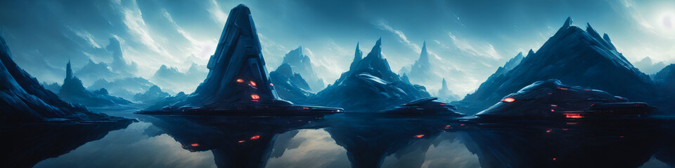Wall Mural - Panoramic view of a planet featuring alien structures, sci-fi landscape.. Generative AI