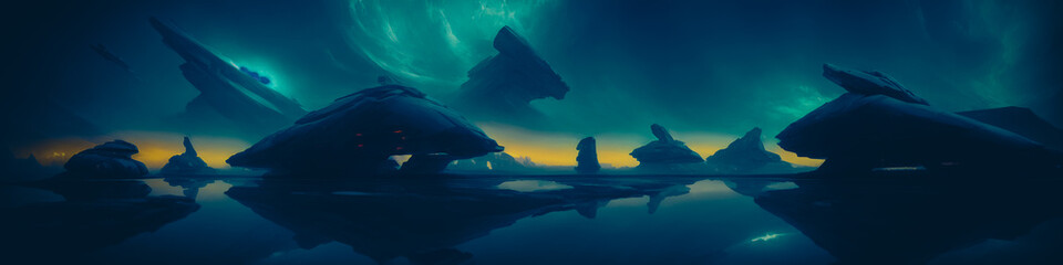 Wall Mural - Panoramic view of a planet featuring alien structures, sci-fi landscape.. Generative AI