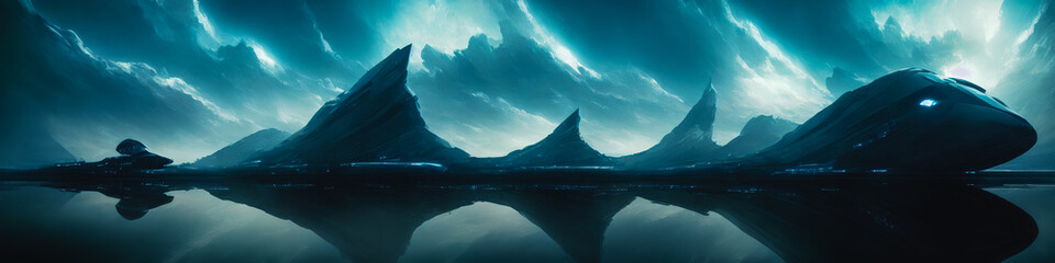 Wall Mural - Panoramic view of a planet featuring alien structures, sci-fi landscape.. Generative AI