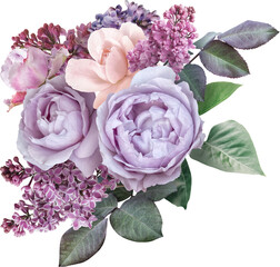 Wall Mural - Lilac and roses  isolated on a transparent background. Png file.  Floral arrangement, bouquet of garden flowers. Can be used for invitations, greeting, wedding card.