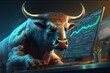 Angry Bull trading with computer, Bullist in Stock market and Crypto currency. Generative Ai